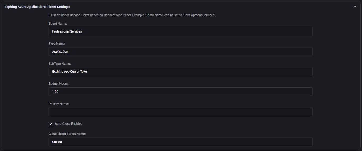 Expiring Azure Applications Ticket Settings