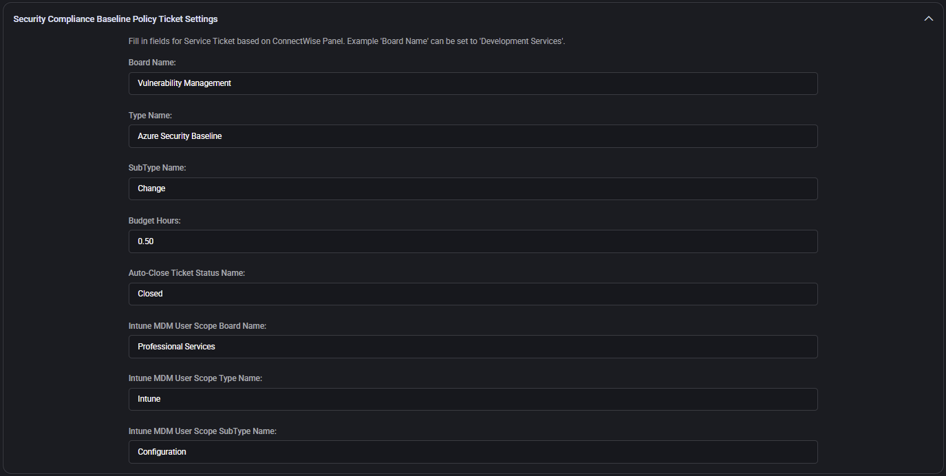 Security Compliance Baseline Policy Ticket Settings