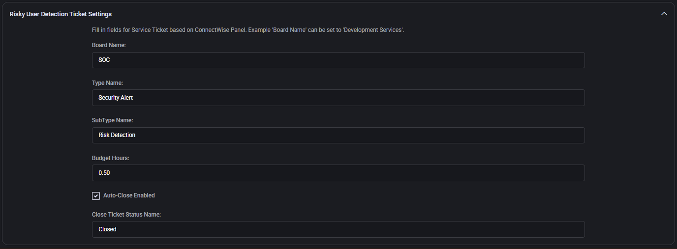 Risky User Detection Ticket Settings