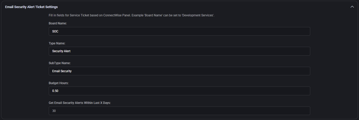 Email Security Alert Ticket Settings