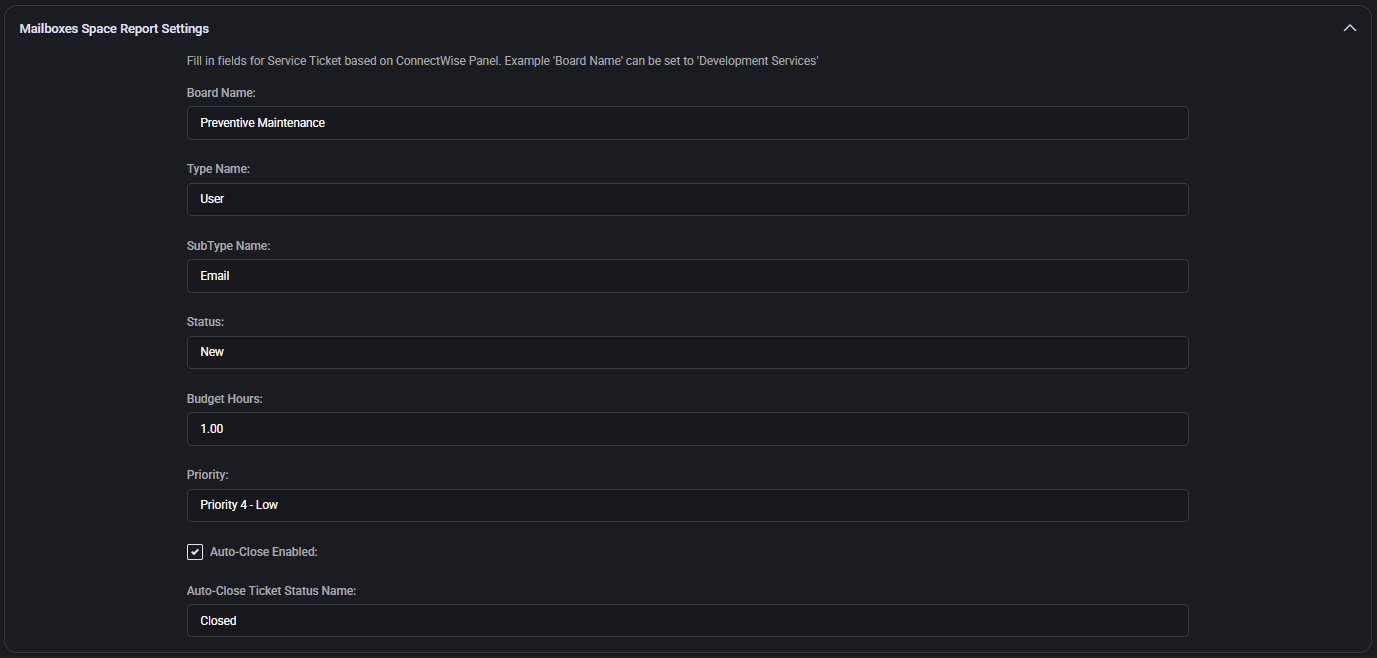 Mailboxes Space Report Settings