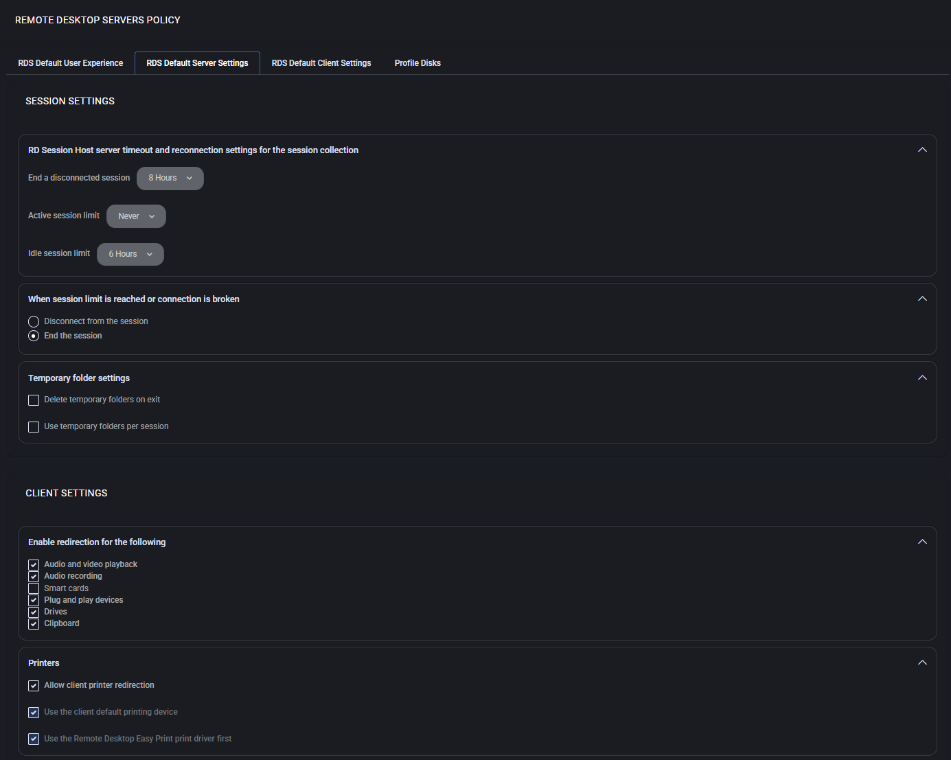 RDS Default Server Settings