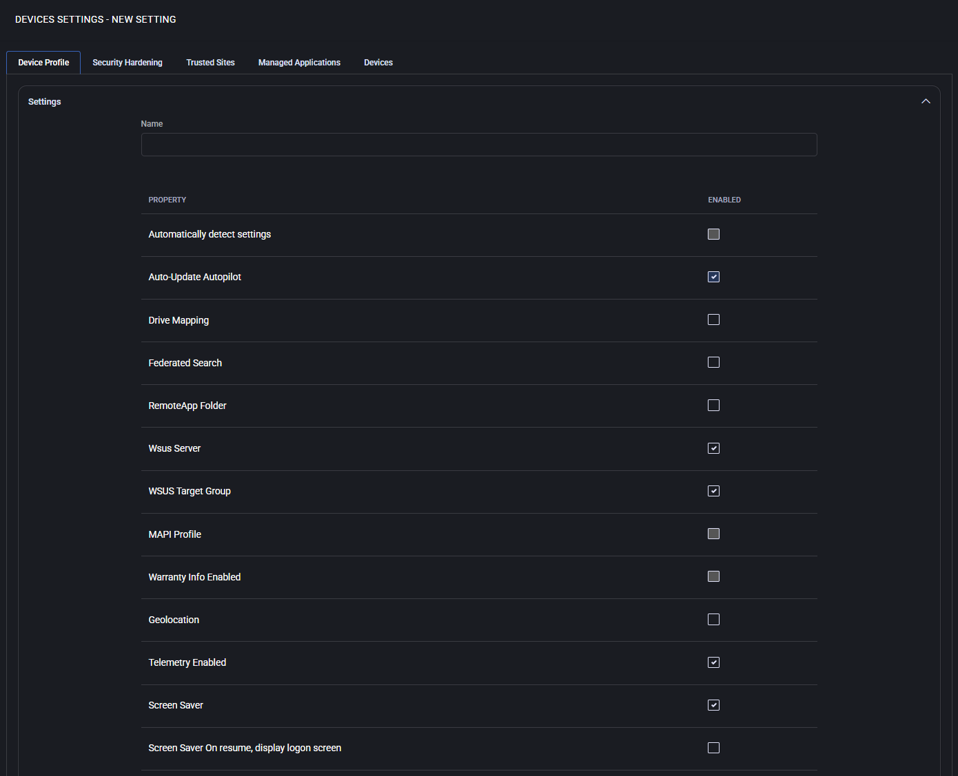 Device Settings options
