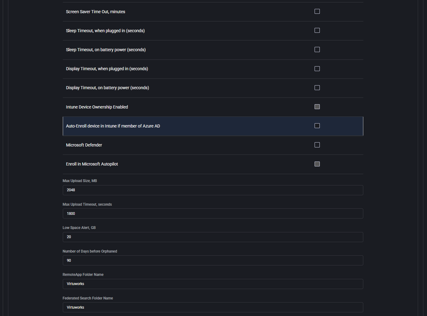 Device Settings options