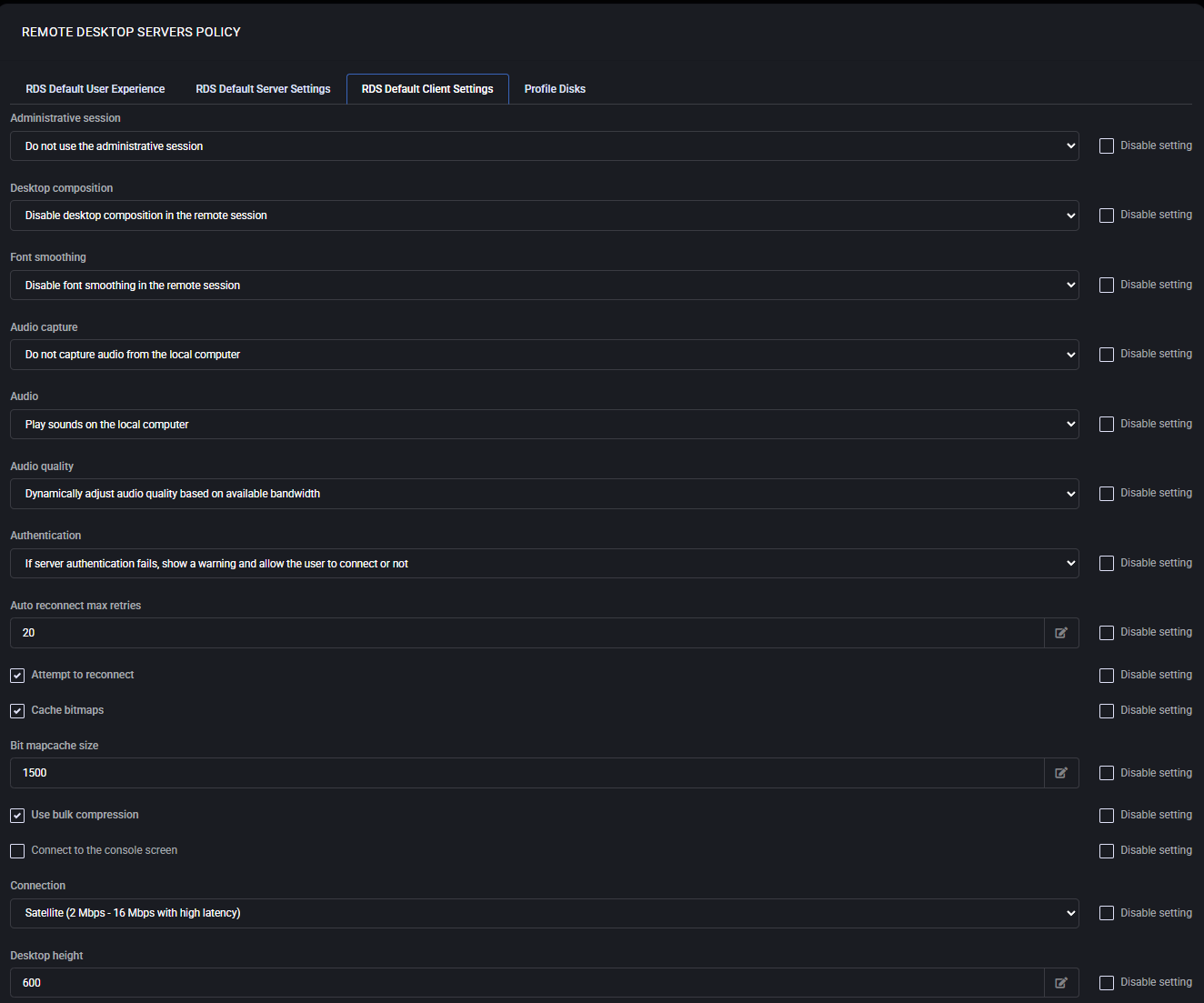 RDS Default Client Settings