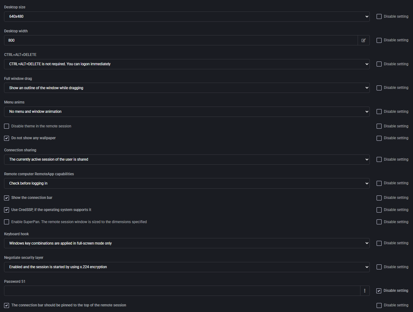 RDS Default Client Settings