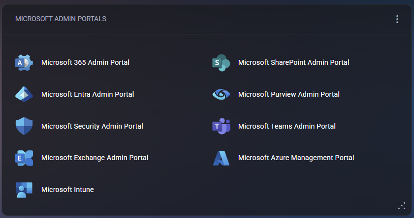 Microsoft Admin Portals Widget