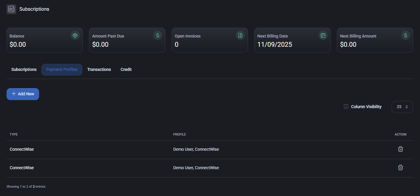 Payment Profiles Tab