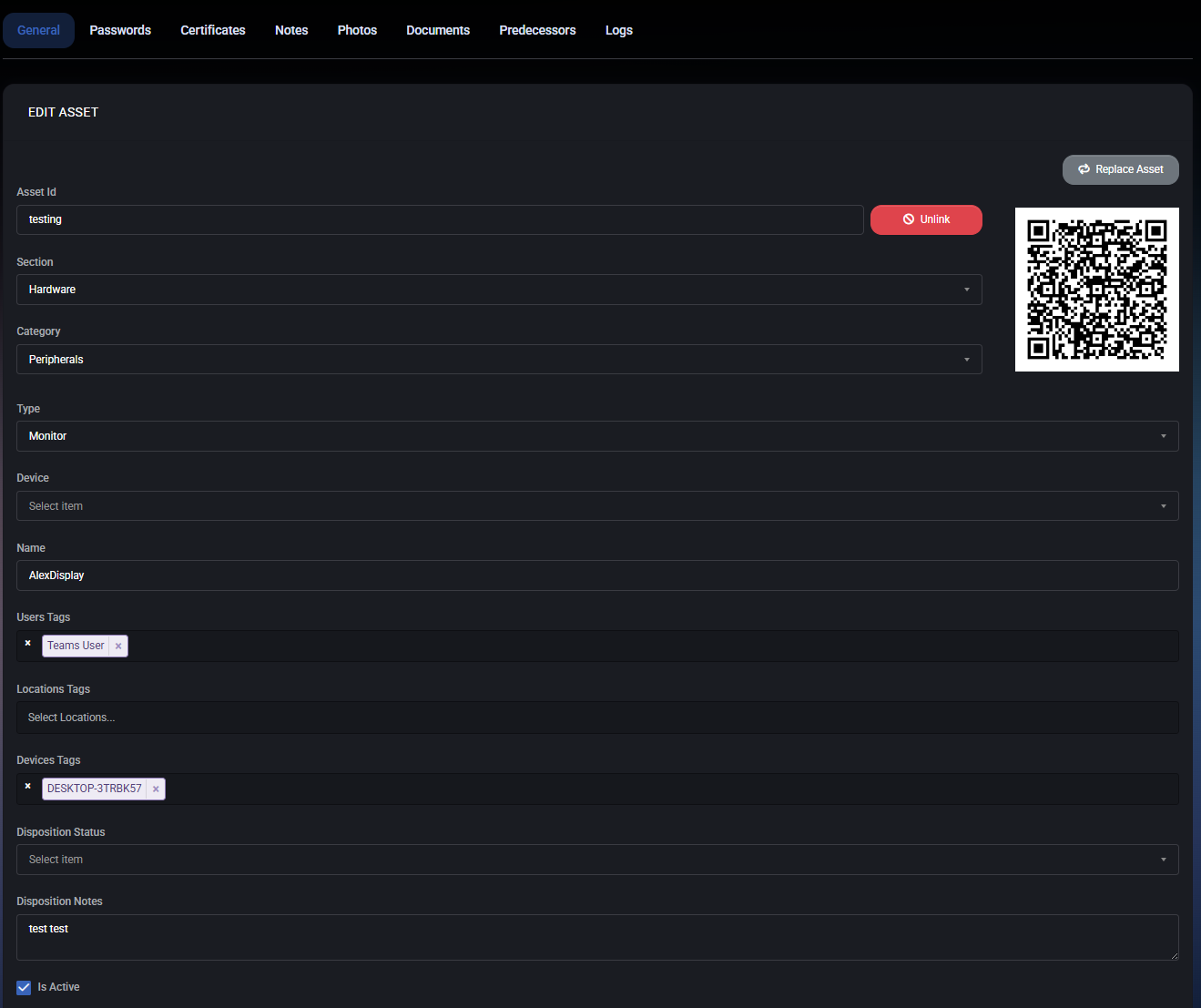 Edit Asset: General tab