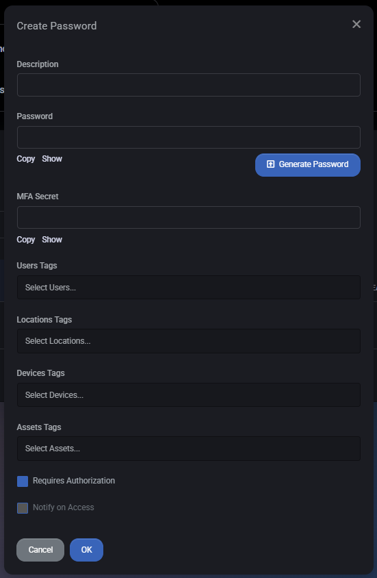 Assets Passwords: Create Password