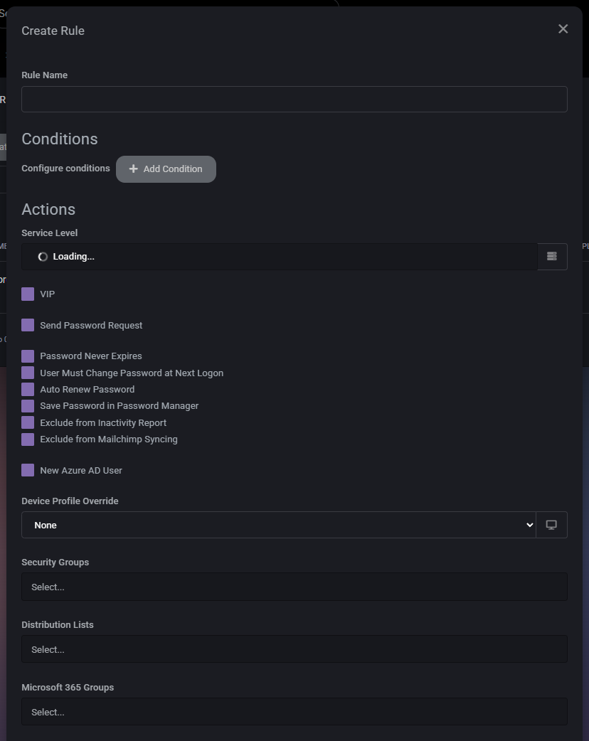 User Creation Rules List Page