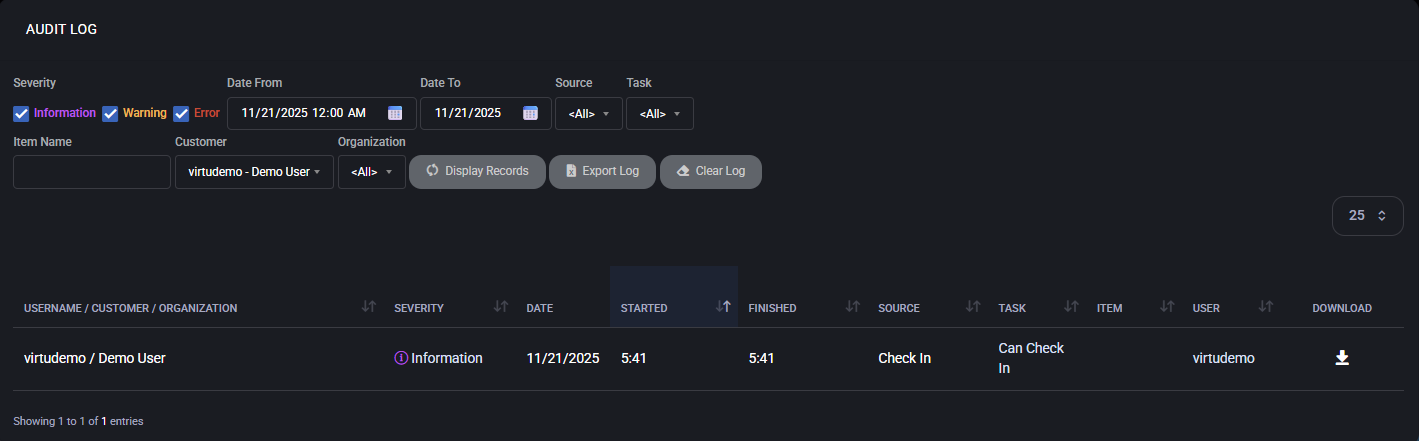 Real MSPControl Account Audit Log screenshot from documentation, showing the virtudemo Demo User check-in record and populated date filters; this is platform history, not Microsoft 365 unified audit results.