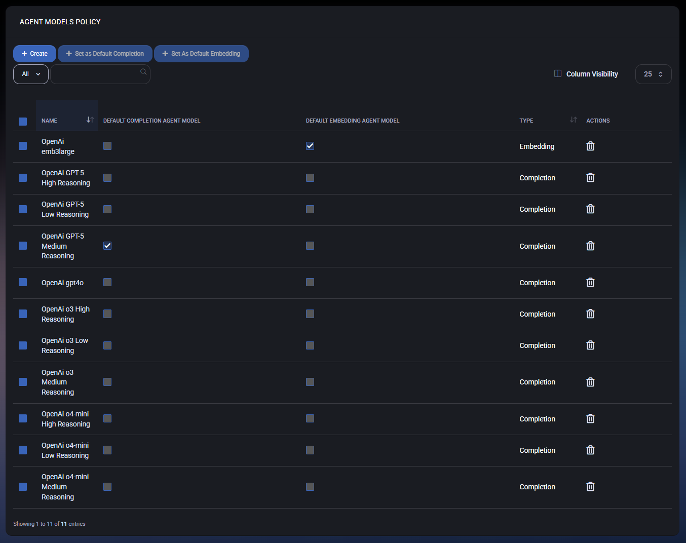 MSPControl Agent Models policy from product documentation, showing populated example model names, types and default completion and embedding selections.
