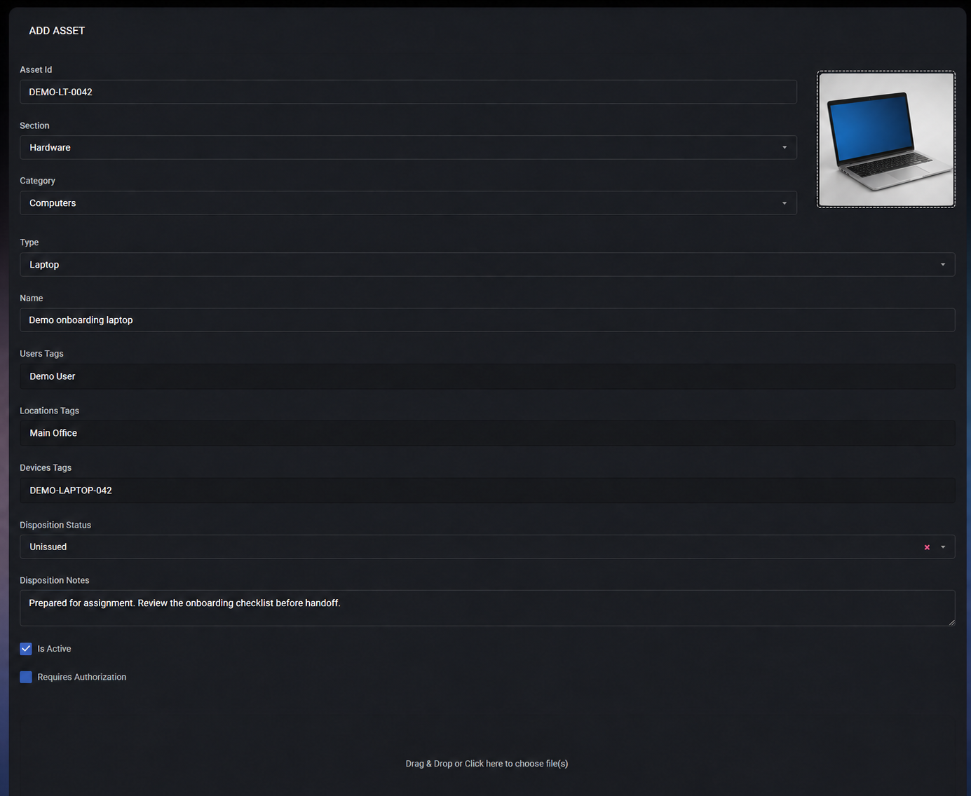 Illustrative MSPControl Add Asset form with fictional laptop details and a generated laptop thumbnail.