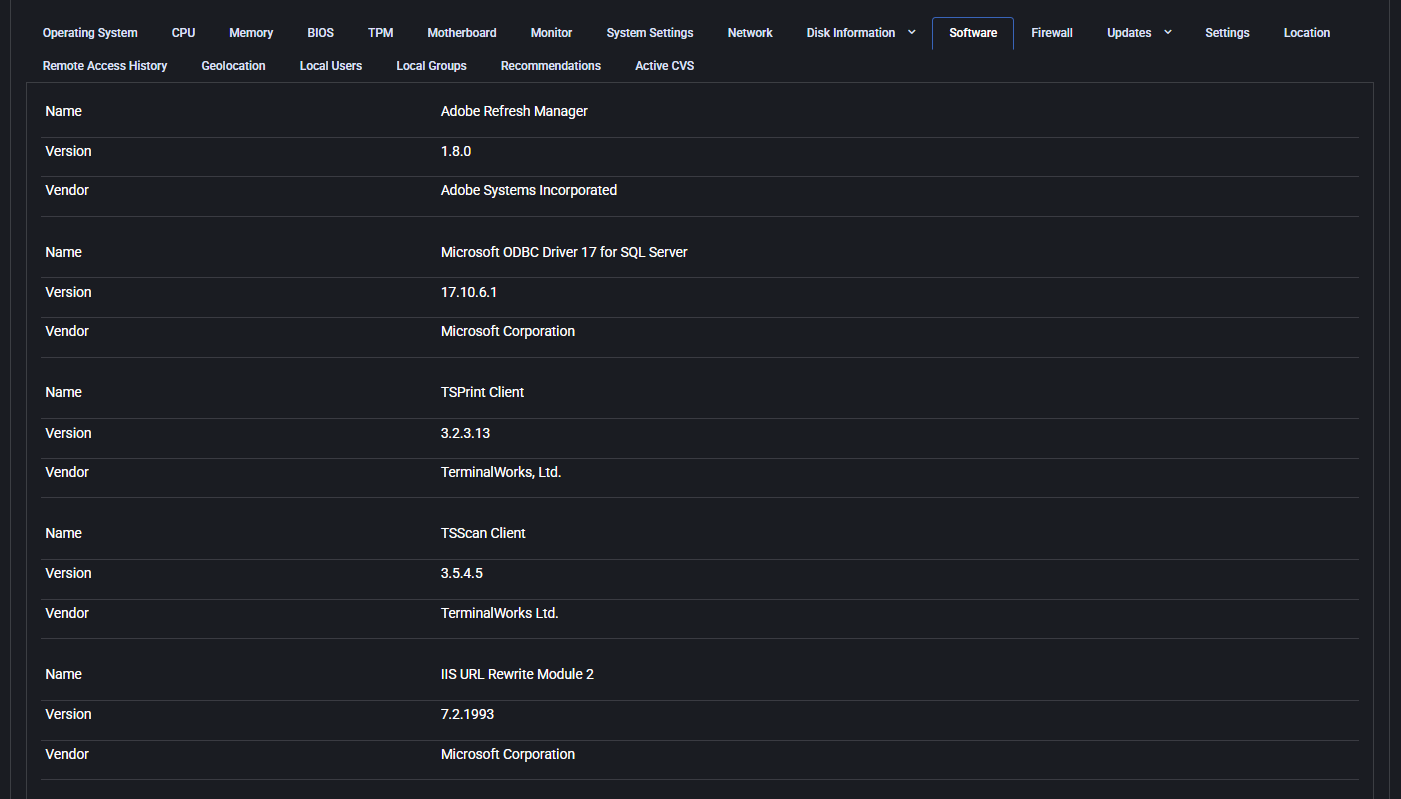 MSPControl Software tab listing application names, versions and vendors.