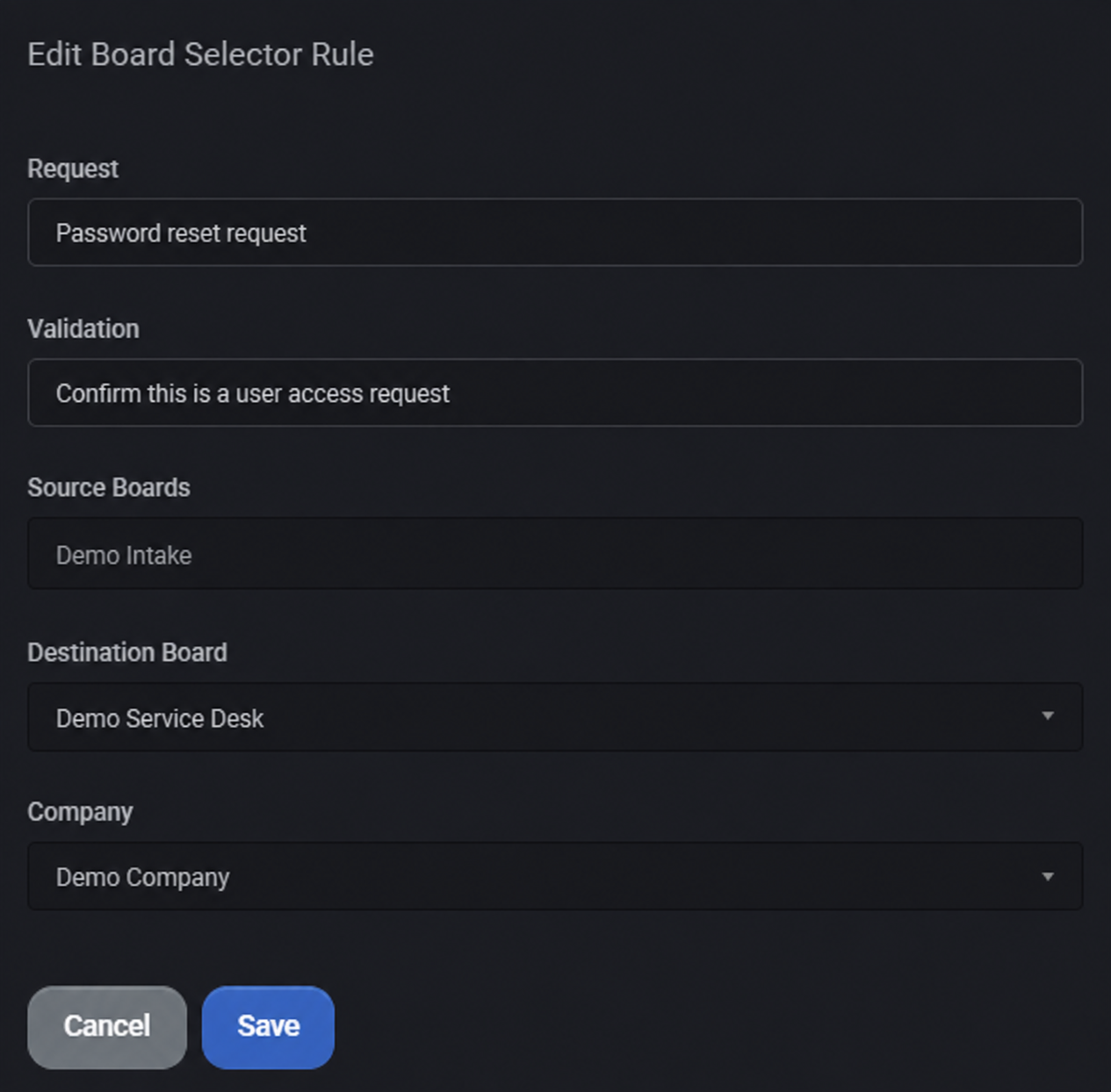 Illustrative MSPControl board-selector form populated with fictional password-reset, Demo Intake, Demo Service Desk and Demo Company values.