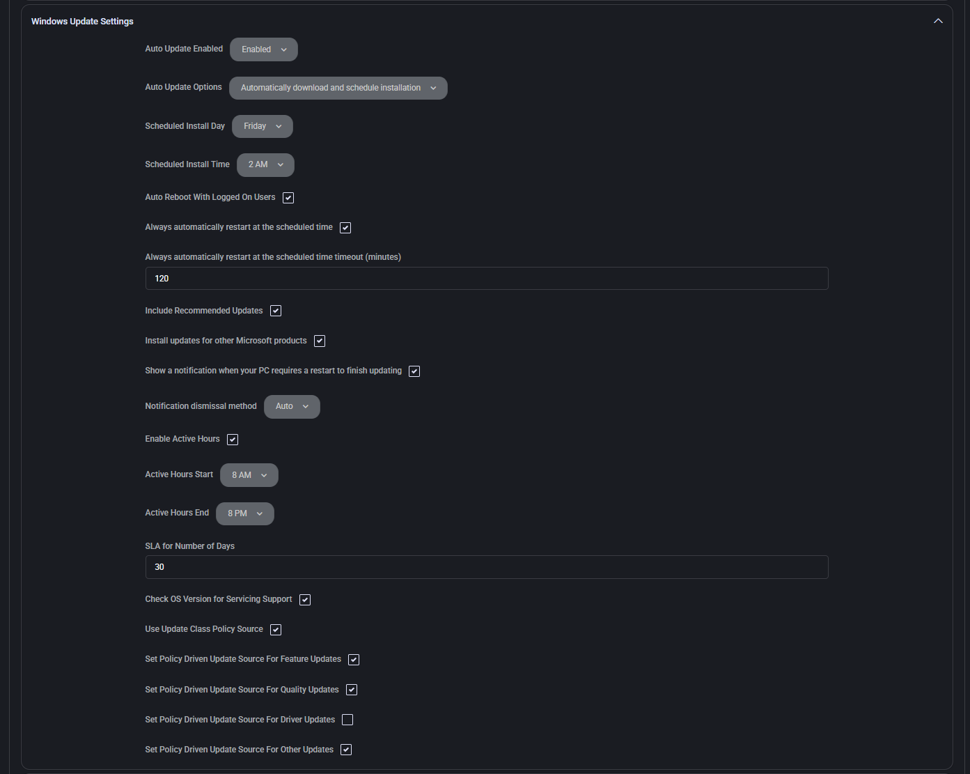 Actual MSPControl Windows Update Settings panel showing installation schedule, restart options, active hours and update-source controls.